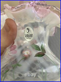 Fenton Opalescent Hand Painted Diamond Optic Trellis Floral Basket 8.5 SIGNED