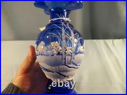 Fenton Painted Cobalt Blue Glass Four Seasons Vase Frosty Winter Scene CLEARANCE