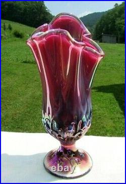 Fenton Plum Opalescent Iridized Lily of the Valley Handkerchief Vase 7.5H