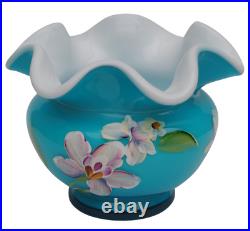 Fenton QVC Glass Blue Overlay Flowers Vase Signed Hand Painted