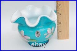 Fenton QVC Glass Blue Overlay Flowers Vase Signed Hand Painted