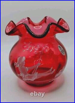 Fenton Ruby Red 4.5 Vase With Girl On Swing, HP & signed LE #773/2000, #1537 G9