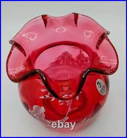 Fenton Ruby Red 4.5 Vase With Girl On Swing, HP & signed LE #773/2000, #1537 G9