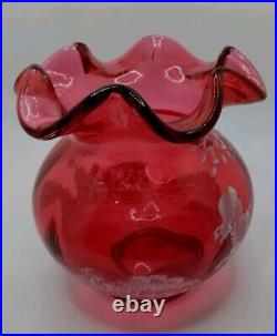 Fenton Ruby Red 4.5 Vase With Girl On Swing, HP & signed LE #773/2000, #1537 G9