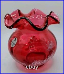 Fenton Ruby Red 4.5 Vase With Girl On Swing, HP & signed LE #773/2000, #1537 G9