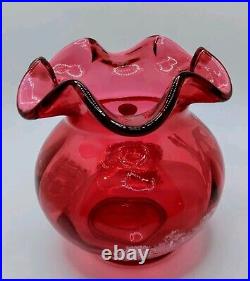 Fenton Ruby Red 4.5 Vase With Girl On Swing, HP & signed LE #773/2000, #1537 G9