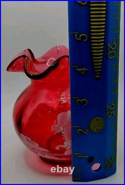 Fenton Ruby Red 4.5 Vase With Girl On Swing, HP & signed LE #773/2000, #1537 G9