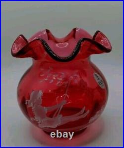 Fenton Ruby Red 4.5 Vase With Girl On Swing, HP & signed LE #773/2000, #1537 G9