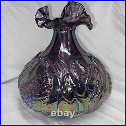 Fenton SWAN VASE Purple Opalescent Iridescent Carnival Glass Art Ruffles Signed