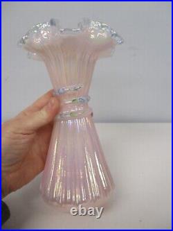 Fenton Signed D. Barbour Pink Iridescent Opalescent Painted Flower Wheat Vase 8