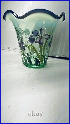 Fenton Signed Opal Glass Blue Iris Flip Vase with Base Designer Showcase Series
