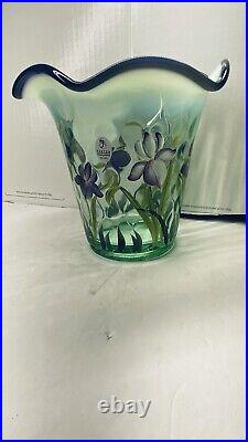 Fenton Signed Opal Glass Blue Iris Flip Vase with Base Designer Showcase Series