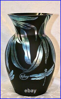 Fenton, Vase, Ebony Favrene Glass, Kelsey Murphy, Dragonflies, Limited Edition