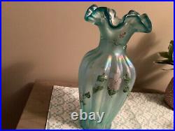 Fenton blue opalescent 12t. Fluted top hand painted flowers signed by A. Vazile