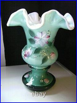 Fenton (h/p) Signed Floral Vase On Spruce Green Overlay Vase