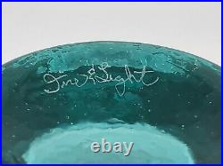 Fire And Light Recycled Art Glass Wide Lip Bowl Vase Teal Aqua Blue Signed RARE