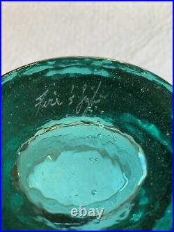 Fire & Light Recycled Glass Wide Lipped Oval Vase, Aqua, SIGNED, used