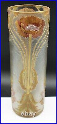 French Art Nouveau Floral Legras Cylinder Glass Vase Signed by Mont Joye Enamel