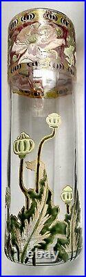 French Art Nouveau Iris Glass Cylinder Vase Signed Legras Initials, Enamel