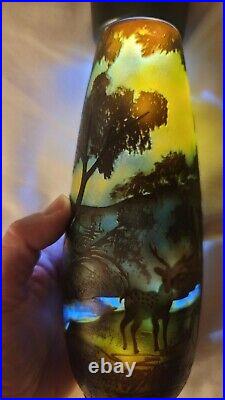 Galle Style Signed French Art Glass Cameo Vase Stream Forest Trees Landscape