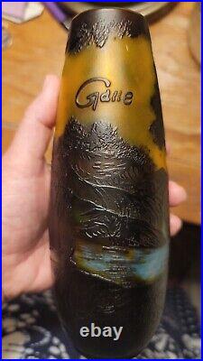 Galle Style Signed French Art Glass Cameo Vase Stream Forest Trees Landscape