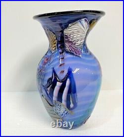 Georgious Blue Seascape Abstract North Shore Art Glass Signed Hawaii Vase 54gg