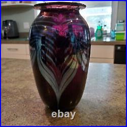 Gorgeous Art Glass Pulled Feather Amethyst Vase Pontil Signed Eickholt