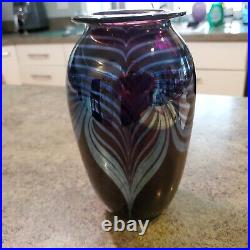Gorgeous Art Glass Pulled Feather Amethyst Vase Pontil Signed Eickholt