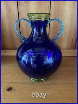 Gorgeous Cobalt Blue Art Glass Vase With Yellow Rim & Base Aqua Handles Signed