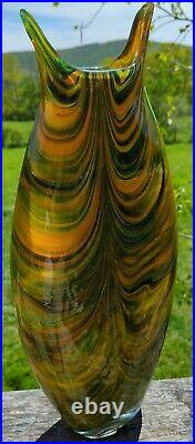 Gorgeous Vintage Art Glass Vase Hand Blown Signed Swirl Various Green & Orange