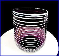Greg Nelson Signed Art Glass Amethyst & White Threaded Stripes 7 3/4 Vase 1992