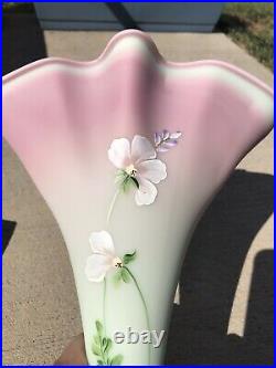 HUGE Fenton Satin Lotus Mist Burmese Glass Fan Vase. Hand Painted and Signed Wow