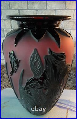HUGE Rare Signed Kelsey Pilgrim Glass Cameo Sand Carved Iris & Butterfly VASE