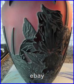 HUGE Rare Signed Kelsey Pilgrim Glass Cameo Sand Carved Iris & Butterfly VASE