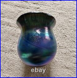 Hand Blown Art Glass Vase Eickholt Irridescent Crackle Top Trim Signed Thick