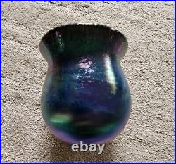 Hand Blown Art Glass Vase Eickholt Irridescent Crackle Top Trim Signed Thick