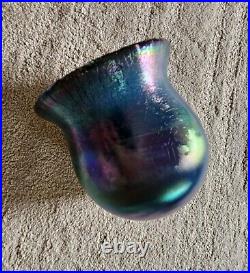 Hand Blown Art Glass Vase Eickholt Irridescent Crackle Top Trim Signed Thick