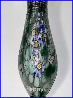 Herb A Thomas Art Glass HAT Signed Wall Pocket Vase Iridescent Millefiori Flower