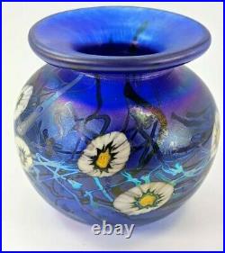 Herb A Thomas Signed HAT Iridescent Cobalt Deep Blue Flower Art Glass Vase