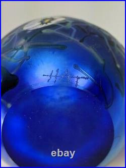 Herb A Thomas Signed HAT Iridescent Cobalt Deep Blue Flower Art Glass Vase