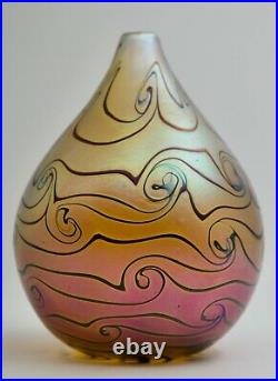 Iridescent Art Glass Vase Signed Magic Sand 7 H