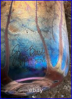JIM BUSH Large Art Glass Vase 1991 9.5 MultiColored Iridized Rim-Capped Signed