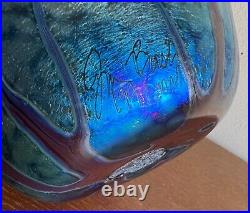 JIM BUSH Large Art Glass Vase 1991 9.5 MultiColored Iridized Rim-Capped Signed