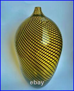 JOSHUA BERNBAUM Amber and Black Italian Cane Art Glass Vase (Signed) VINTAGE