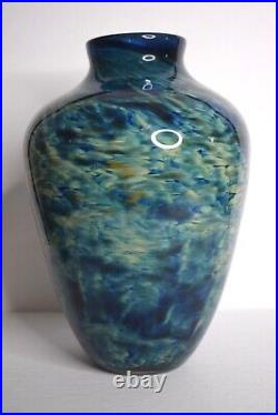 Jason Roberts Hand Blown Art Glass Vase Large 11 Blue Swirl Signed /Dated 2002