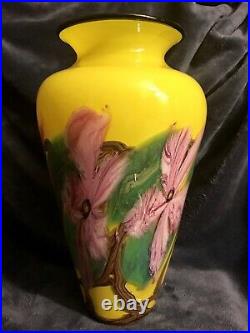 John Fields Signed Studio Art Glass Vase Bearded Iris Wisteria 13H