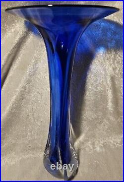 Jonathan Winfisky Art Glass Trumpet Vase Cobalt Blue 1995 SIGNED 10 In VINTAGE