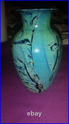 Josh Simpson Turqoise and blue art glass vase-signed 1992