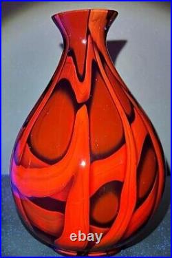 KRALIK 7-3/4 Red & Green Glass Vase Signed Czechoslovakia UV Reactive Glow