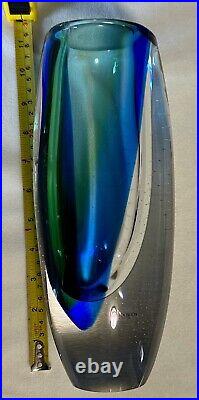 Kosta Boda Glass Vase Signed by Göran Wärff Cobalt Blue Green Bubbles